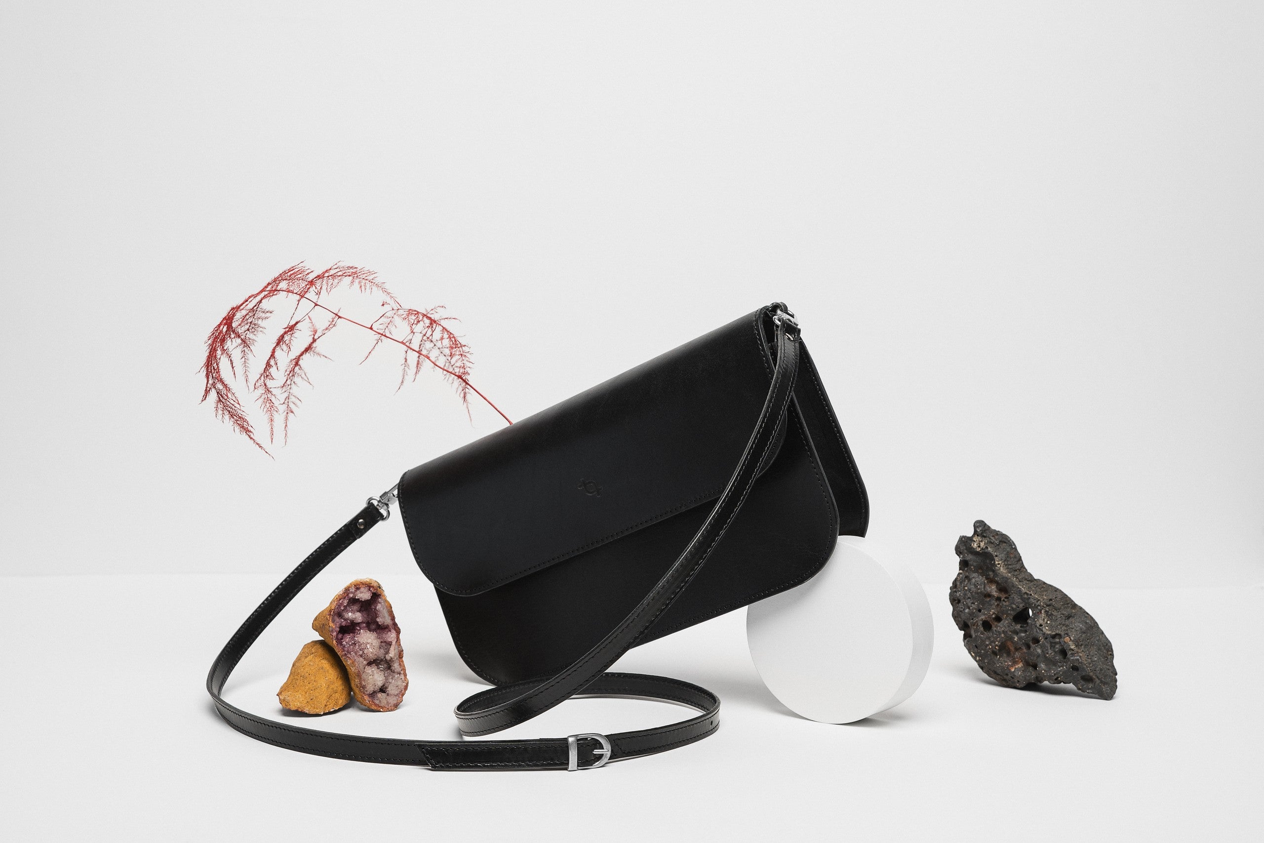 Leather Handbag Model Baguette with Two Straps - Black