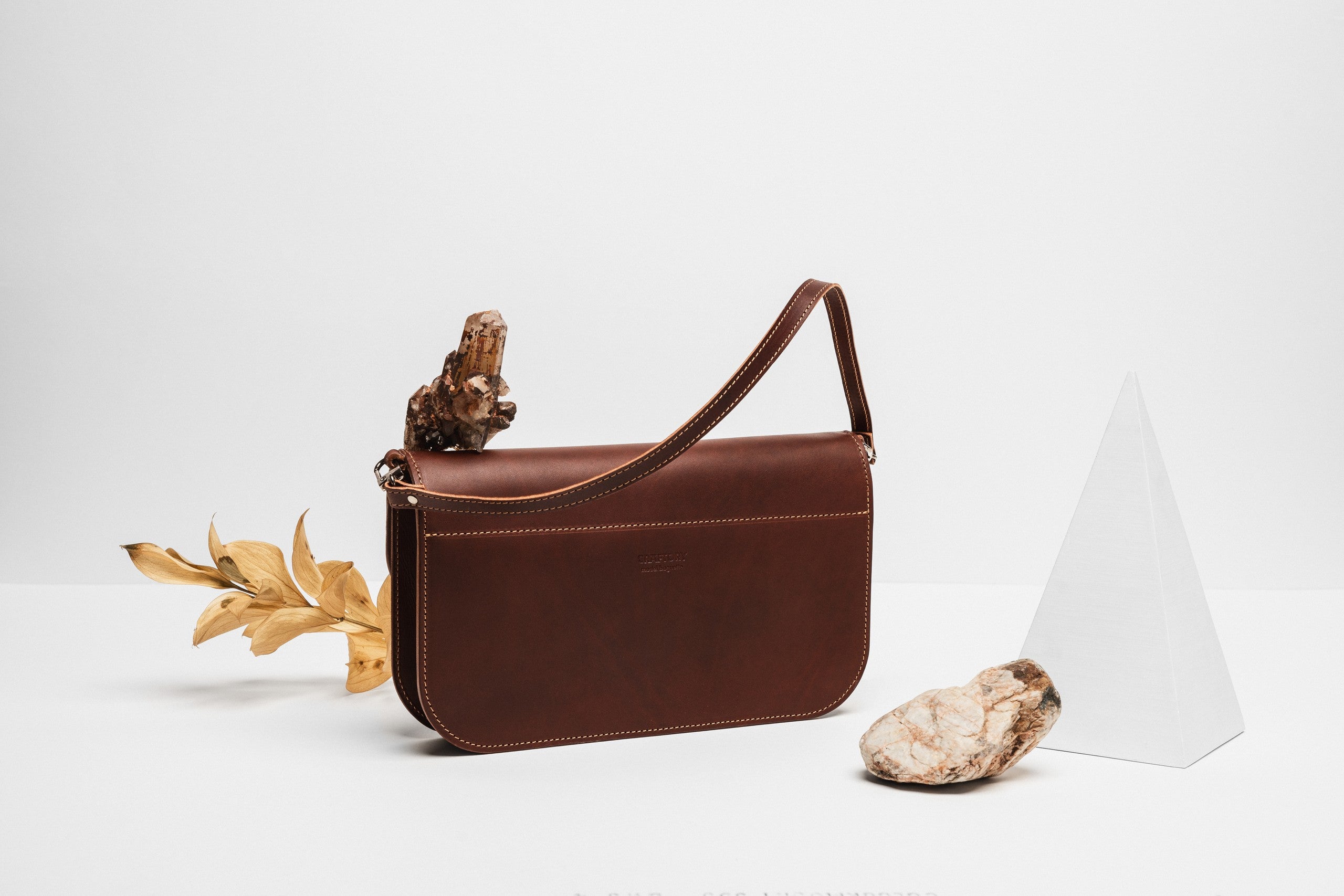 Leather Handbag Model Baguette with Two Straps - Cognac